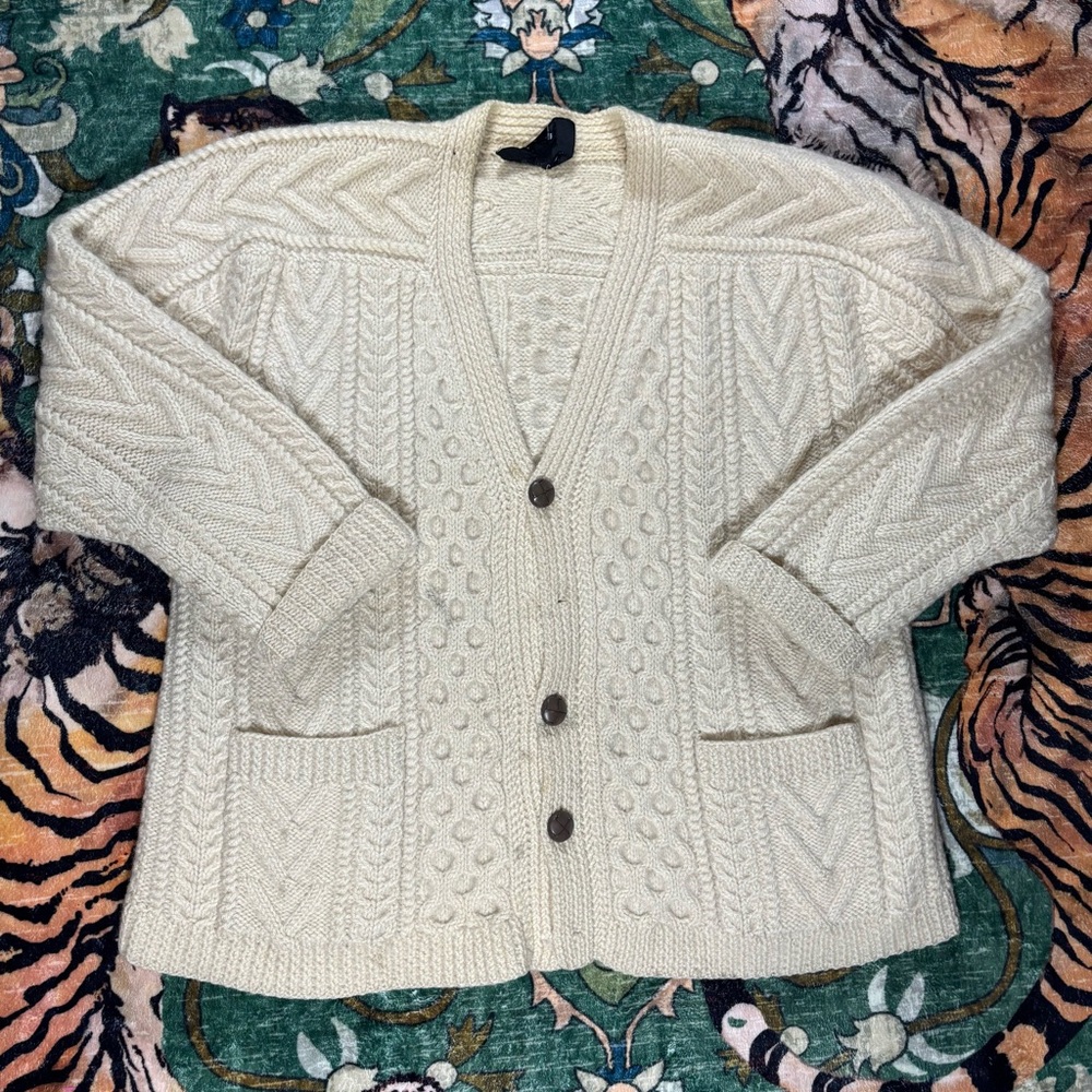Vintage Standun Women’s Fisherman's Knit 100% Wool Cardigan Made In Ireland